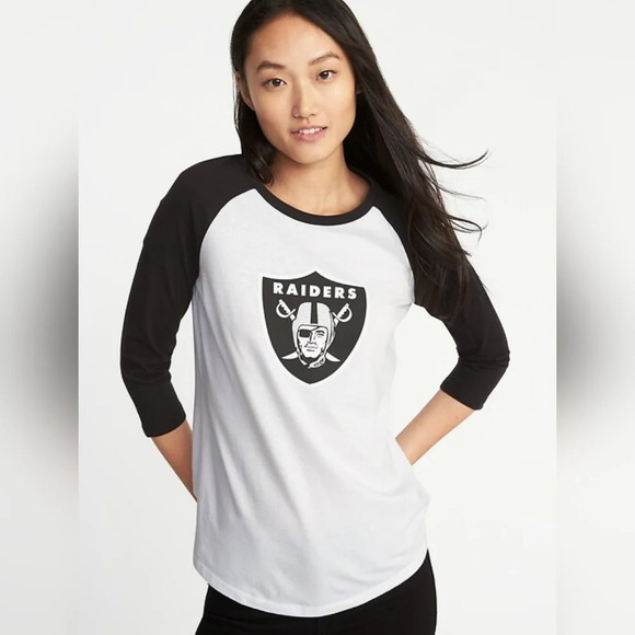 NFL Tops - Nfl Women's Raiders Tailgate Baseball T-shirt 3/4 sleeve Large Front LOGO New
